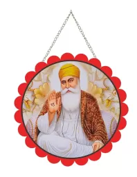 Gurunanak Wall Hanging Photo Frame | 8 Inch Round Floral Design With Golden Hanging Chain | Decorative Religious Wall Decor For Home, Office, Temple & Pooja Room (F21771)