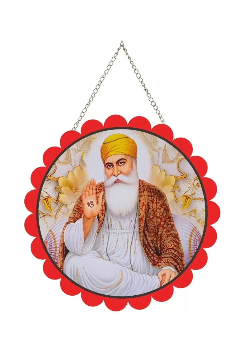 Gurunanak Wall Hanging Photo Frame | 8 Inch Round Floral Design With Golden Hanging Chain | Decorative Religious Wall Decor For Home, Office, Temple & Pooja Room (F21771)