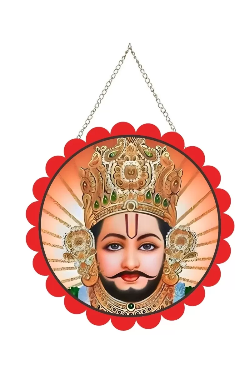 Khatu Shyam Wall Hanging Photo Frame | 8 Inch Round Floral Design With Golden Hanging Chain | Decorative Religious Wall Decor For Home, Office, Temple & Pooja Room (F21772)