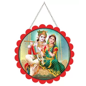 Radha Krishna Wall Hanging Photo Frame | 8 Inch Round Floral Design With Golden Hanging Chain | Decorative Religious Wall Decor For Home, Office, Temple & Pooja Room (F21776)
