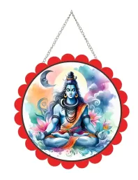 Lord Shiva Wall Hanging Photo Frame | 8 Inch Round Floral Design With Golden Hanging Chain | Decorative Religious Wall Decor For Home, Office, Temple & Pooja Room (F21781)