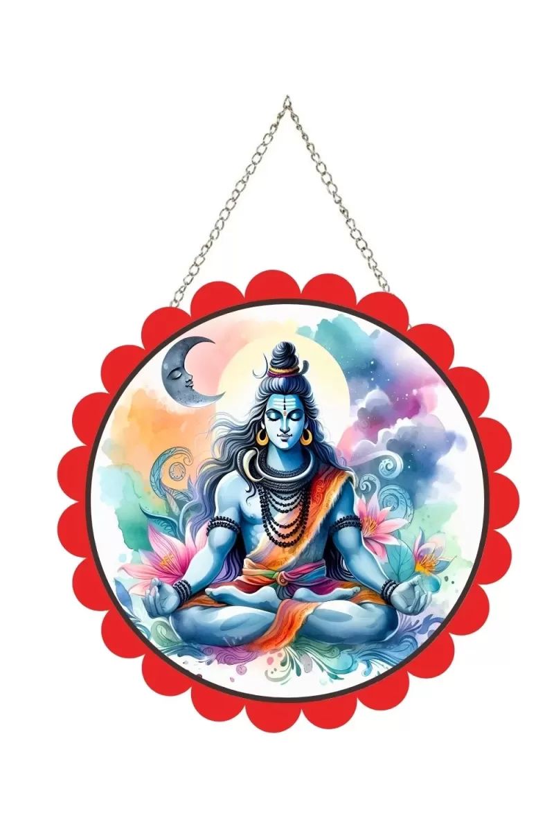 Lord Shiva Wall Hanging Photo Frame | 8 Inch Round Floral Design With Golden Hanging Chain | Decorative Religious Wall Decor For Home, Office, Temple & Pooja Room (F21781)