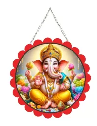 Lord Ganesha Wall Hanging Photo Frame | 8 Inch Round Floral Design With Golden Hanging Chain | Decorative Religious Wall Decor For Home, Office, Temple & Pooja Room (F21783)