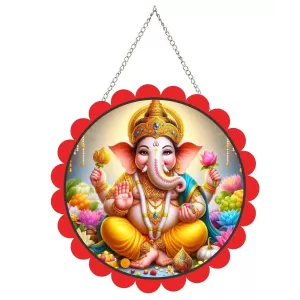 Lord Ganesha Wall Hanging Photo Frame | 8 Inch Round Floral Design With Golden Hanging Chain | Decorative Religious Wall Decor For Home, Office, Temple & Pooja Room (F21783) Lord Ganesha Wall Hanging Photo Frame | 8 Inch Round Floral Design With Golden Hanging Chain | Decorative Religious Wall Decor For Home, Office, Temple & Pooja Room (F21783)