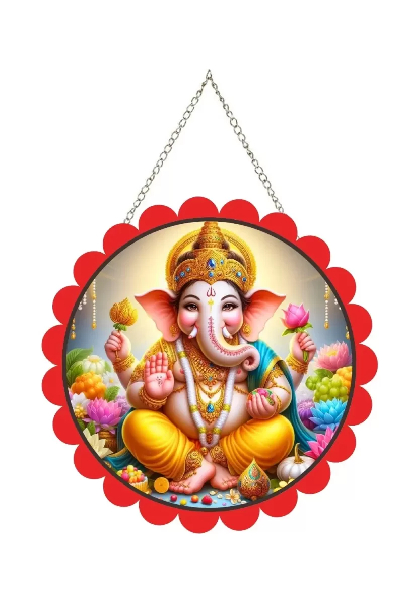 Lord Ganesha Wall Hanging Photo Frame | 8 Inch Round Floral Design With Golden Hanging Chain | Decorative Religious Wall Decor For Home, Office, Temple & Pooja Room (F21783)