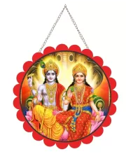 Radha Krishna Wall Hanging Photo Frame | 8 Inch Round Floral Design With Golden Hanging Chain | Decorative Religious Wall Decor For Home, Office, Temple & Pooja Room (F21786)