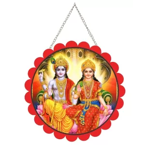 Radha Krishna Wall Hanging Photo Frame | 8 Inch Round Floral Design With Golden Hanging Chain | Decorative Religious Wall Decor For Home, Office, Temple & Pooja Room (F21786)