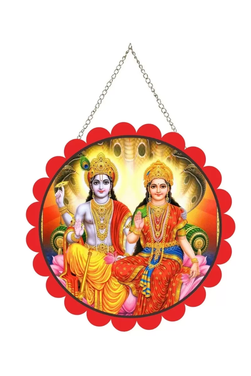 Radha Krishna Wall Hanging Photo Frame | 8 Inch Round Floral Design With Golden Hanging Chain | Decorative Religious Wall Decor For Home, Office, Temple & Pooja Room (F21786)