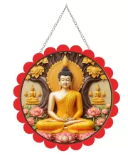 Serene Buddha Wall Hanging Photo Frame | 8 Inch Round Floral Design With Golden Hanging Chain | Decorative Religious Wall Decor For Home, Office, Temple & Pooja Room (F21811)