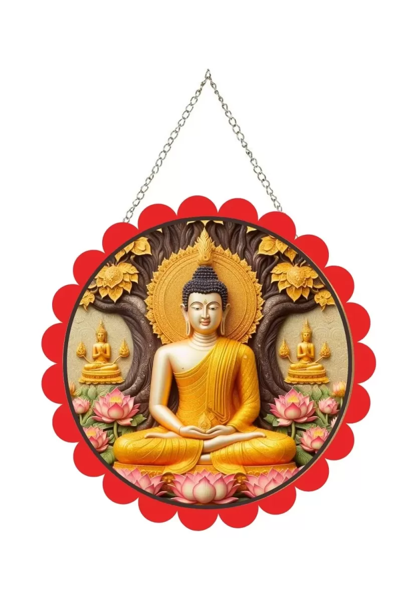 Serene Buddha Wall Hanging Photo Frame | 8 Inch Round Floral Design With Golden Hanging Chain | Decorative Religious Wall Decor For Home, Office, Temple & Pooja Room (F21811)