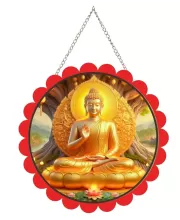 Serene Buddha Wall Hanging Photo Frame | 8 Inch Round Floral Design With Golden Hanging Chain | Decorative Religious Wall Decor For Home, Office, Temple & Pooja Room (F21812)