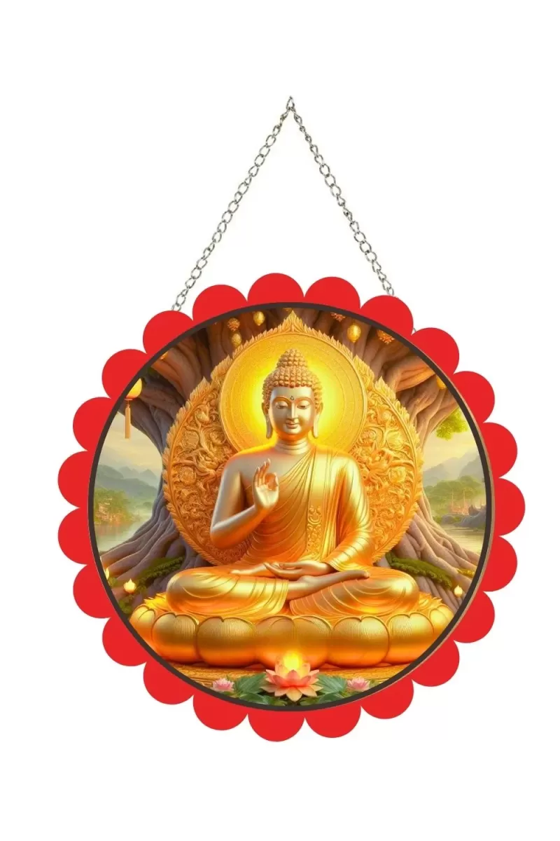 Serene Buddha Wall Hanging Photo Frame | 8 Inch Round Floral Design With Golden Hanging Chain | Decorative Religious Wall Decor For Home, Office, Temple & Pooja Room (F21812)