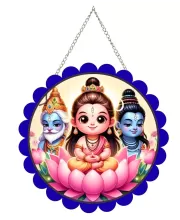 Bramha Vishnu And Shiva Wall Hanging Photo Frame | 8 Inch Round Floral Design With Golden Hanging Chain | Decorative Religious Wall Decor For Home, Office, Temple & Pooja Room (F21819)