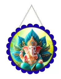 Lord Ganesha Wall Hanging Photo Frame | 8 Inch Round Floral Design With Golden Hanging Chain | Decorative Religious Wall Decor For Home, Office, Temple & Pooja Room (F21830)
