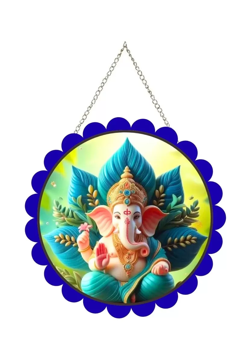 Lord Ganesha Wall Hanging Photo Frame | 8 Inch Round Floral Design With Golden Hanging Chain | Decorative Religious Wall Decor For Home, Office, Temple & Pooja Room (F21830)