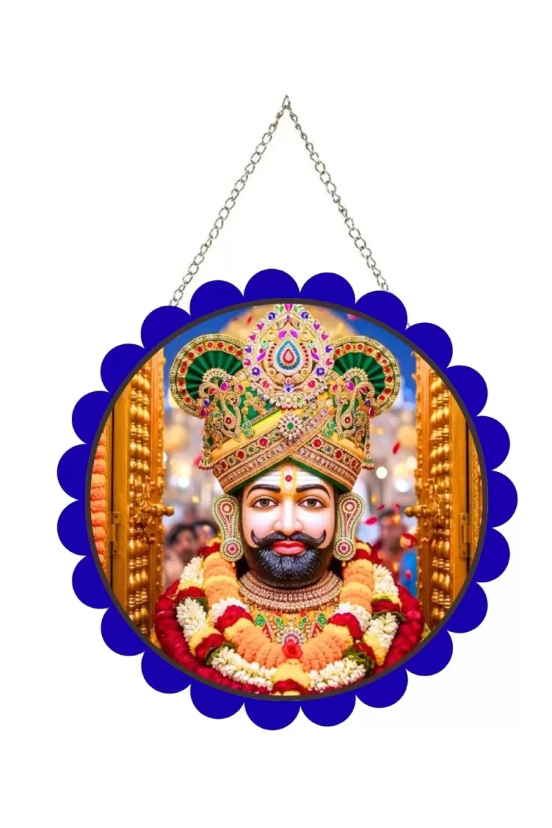 Khatu Shyam Wall Hanging Photo Frame | 8 Inch Round Floral Design With Golden Hanging Chain | Decorative Religious Wall Decor For Home, Office, Temple & Pooja Room (F21836)