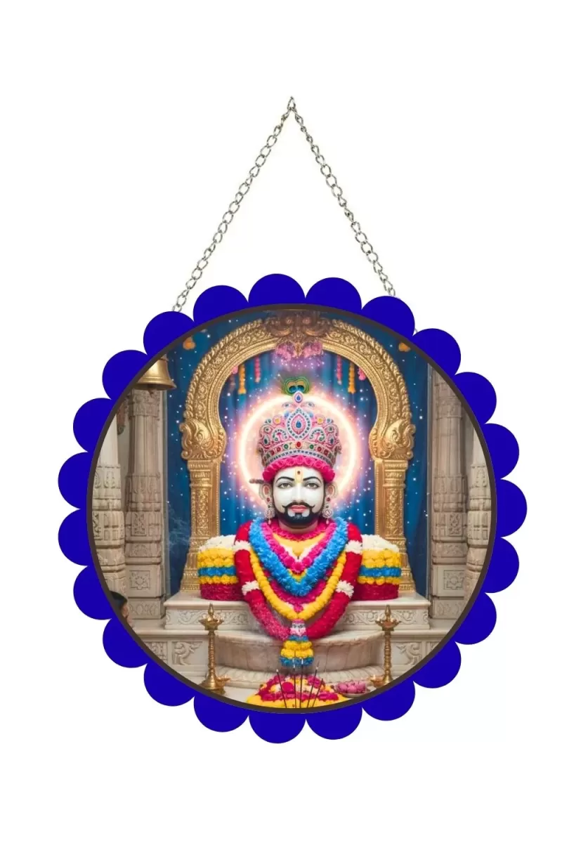 Khatu Shyam Wall Hanging Photo Frame | 8 Inch Round Floral Design With Golden Hanging Chain | Decorative Religious Wall Decor For Home, Office, Temple & Pooja Room (F21838)