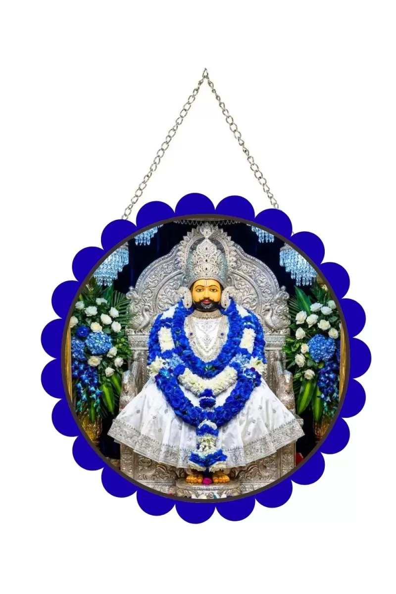 Khatu Shyam Wall Hanging Photo Frame | 8 Inch Round Floral Design With Golden Hanging Chain | Decorative Religious Wall Decor For Home, Office, Temple & Pooja Room (F21839)