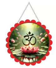Om Symbol Wall Hanging Photo Frame | 8 Inch Round Floral Design With Golden Hanging Chain | Decorative Religious Wall Decor For Home, Office, Temple & Pooja Room (F21853)