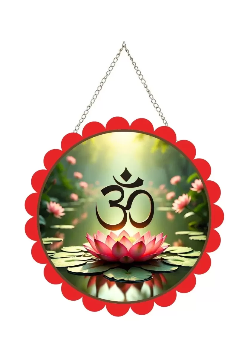 Om Symbol Wall Hanging Photo Frame | 8 Inch Round Floral Design With Golden Hanging Chain | Decorative Religious Wall Decor For Home, Office, Temple & Pooja Room (F21853)