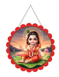 Goddess Radha Wall Hanging Photo Frame | 8 Inch Round Floral Design With Golden Hanging Chain | Decorative Religious Wall Decor For Home, Office, Temple & Pooja Room (F21856)