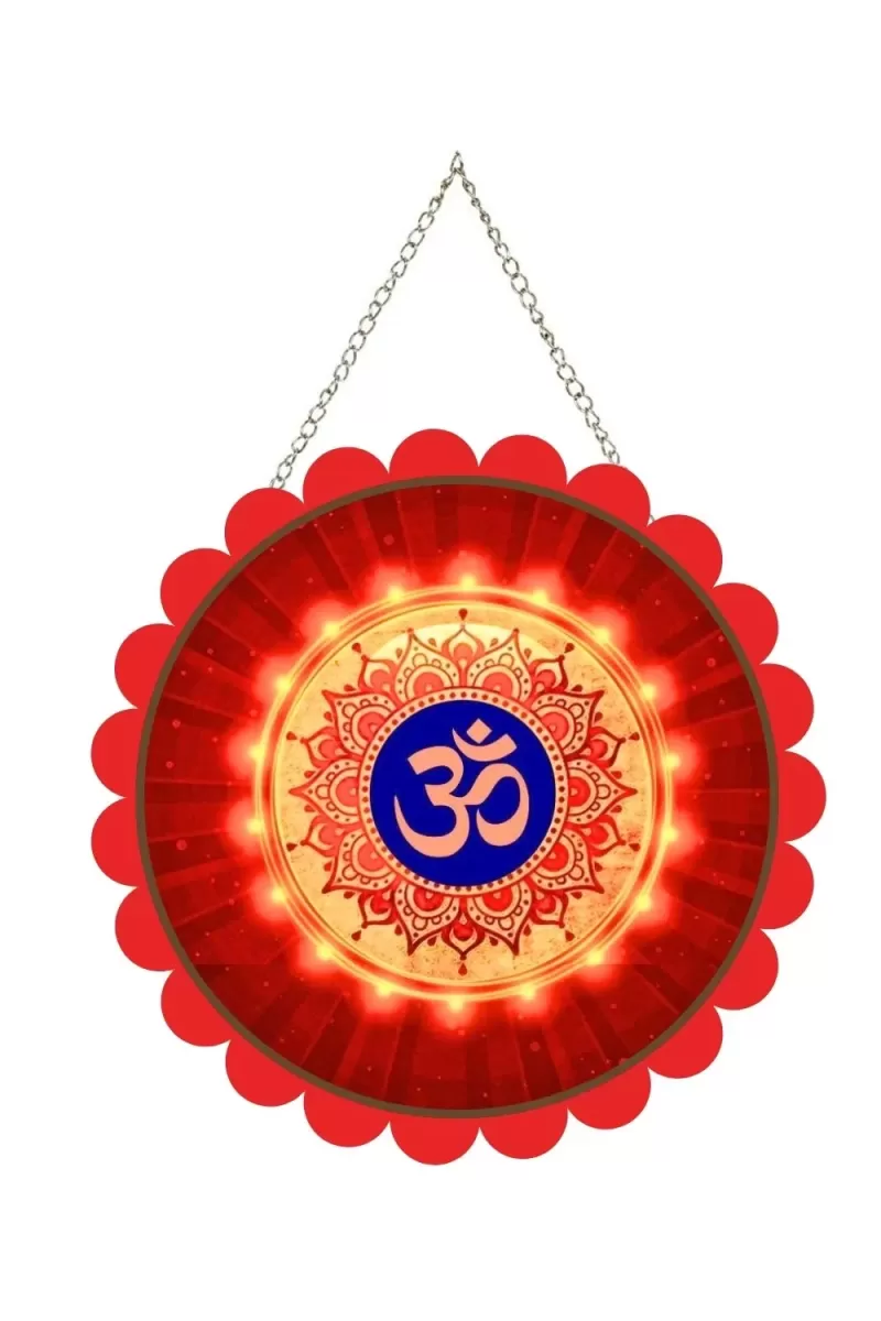Om Symbol Wall Hanging Photo Frame | 8 Inch Round Floral Design With Golden Hanging Chain | Decorative Religious Wall Decor For Home, Office, Temple & Pooja Room (F21859)