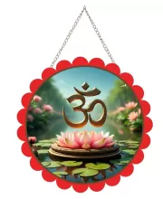Om Symbol Wall Hanging Photo Frame | 8 Inch Round Floral Design With Golden Hanging Chain | Decorative Religious Wall Decor For Home, Office, Temple & Pooja Room (F21867)
