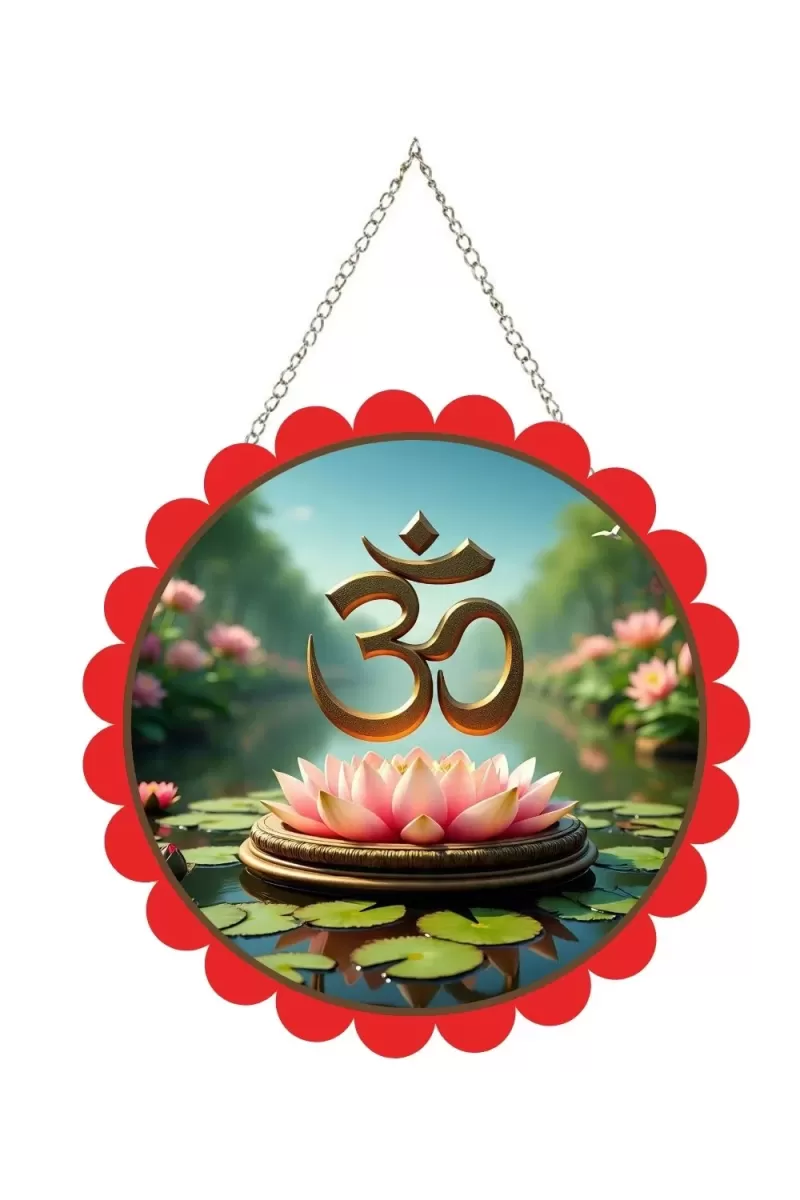 Om Symbol Wall Hanging Photo Frame | 8 Inch Round Floral Design With Golden Hanging Chain | Decorative Religious Wall Decor For Home, Office, Temple & Pooja Room (F21867)