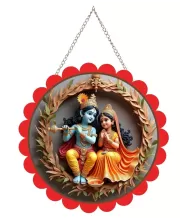 Radha Krishna Wall Hanging Photo Frame | 8 Inch Round Floral Design With Golden Hanging Chain | Decorative Religious Wall Decor For Home, Office, Temple & Pooja Room (F21870)