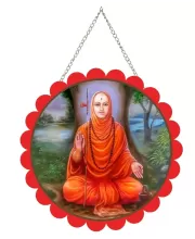 Shree Narasimha Saraswati Swami Wall Hanging Photo Frame | 8 Inch Round Floral Design With Golden Hanging Chain | Decorative Religious Wall Decor For Home, Office, Temple & Pooja Room (F21872)