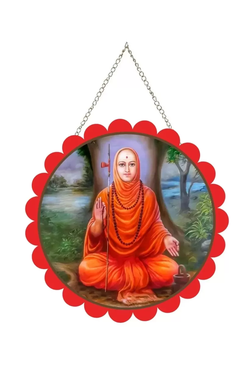 Shree Narasimha Saraswati Swami Wall Hanging Photo Frame | 8 Inch Round Floral Design With Golden Hanging Chain | Decorative Religious Wall Decor For Home, Office, Temple & Pooja Room (F21872)