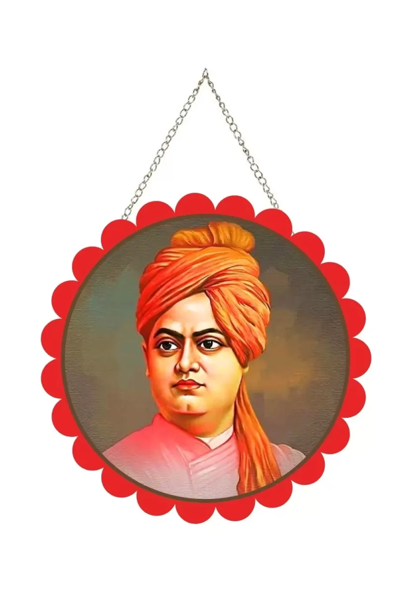 Swami Vivekananda Wall Hanging Photo Frame | 8 Inch Round Floral Design With Golden Hanging Chain | Decorative Religious Wall Decor For Home, Office, Temple & Pooja Room (F21877)