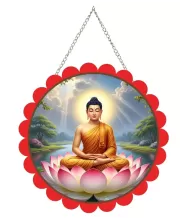Serene Buddha Wall Hanging Photo Frame | 8 Inch Round Floral Design With Golden Hanging Chain | Decorative Religious Wall Decor For Home, Office, Temple & Pooja Room (F21878)