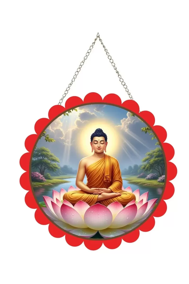 Serene Buddha Wall Hanging Photo Frame | 8 Inch Round Floral Design With Golden Hanging Chain | Decorative Religious Wall Decor For Home, Office, Temple & Pooja Room (F21878)