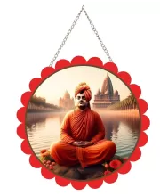 Swami Vivekananda Wall Hanging Photo Frame | 8 Inch Round Floral Design With Golden Hanging Chain | Decorative Religious Wall Decor For Home, Office, Temple & Pooja Room (F21879)
