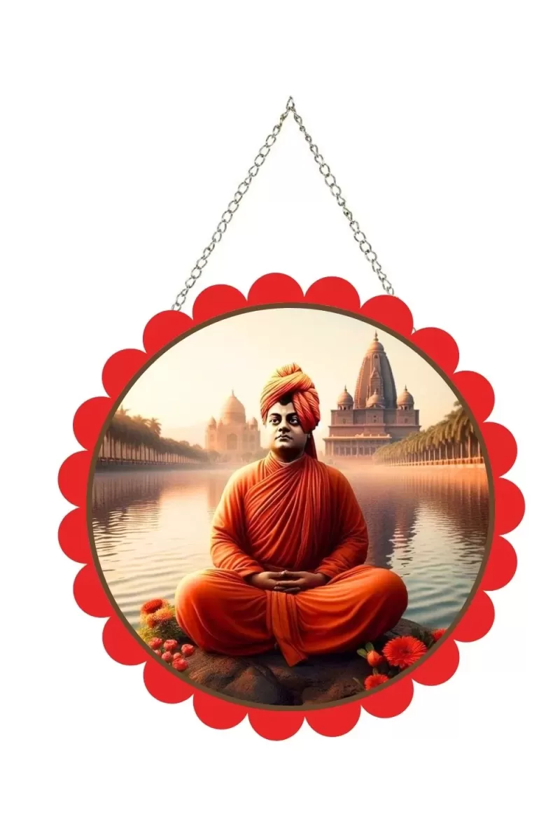 Swami Vivekananda Wall Hanging Photo Frame | 8 Inch Round Floral Design With Golden Hanging Chain | Decorative Religious Wall Decor For Home, Office, Temple & Pooja Room (F21879)
