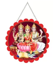 Parvathi Lakshmi And Saraswathi Wall Hanging Photo Frame | 8 Inch Round Floral Design With Golden Hanging Chain | Decorative Religious Wall Decor For Home, Office, Temple & Pooja Room (F21882)
