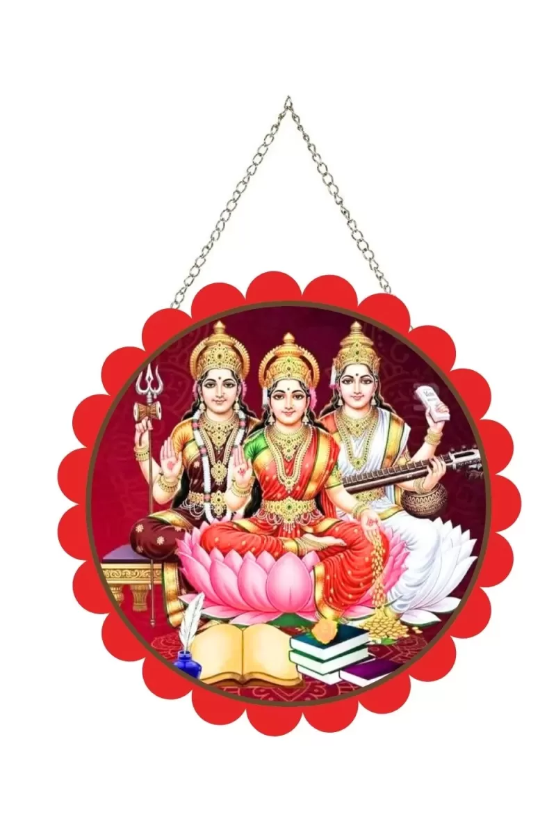 Parvathi Lakshmi And Saraswathi Wall Hanging Photo Frame | 8 Inch Round Floral Design With Golden Hanging Chain | Decorative Religious Wall Decor For Home, Office, Temple & Pooja Room (F21882)