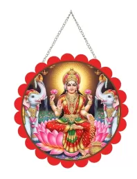 Goddess Lakshmi Wall Hanging Photo Frame | 8 Inch Round Floral Design With Golden Hanging Chain | Decorative Religious Wall Decor For Home, Office, Temple & Pooja Room (F21888)