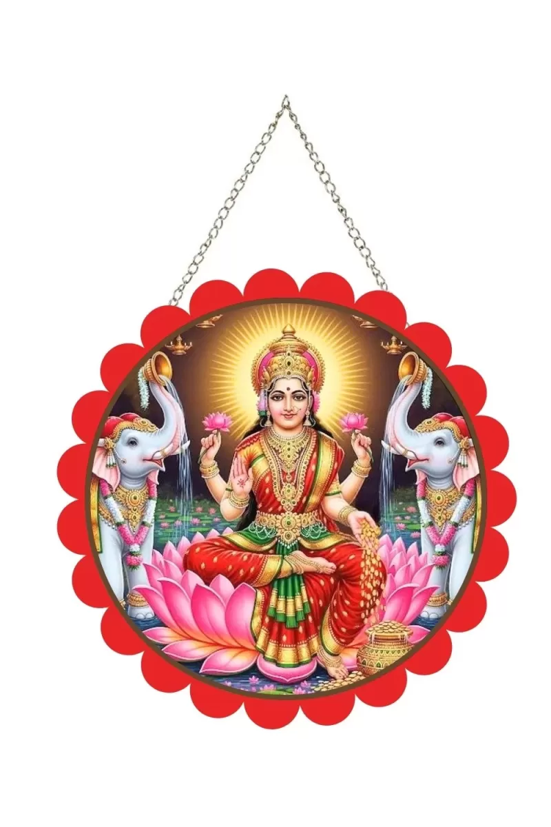 Goddess Lakshmi Wall Hanging Photo Frame | 8 Inch Round Floral Design With Golden Hanging Chain | Decorative Religious Wall Decor For Home, Office, Temple & Pooja Room (F21888)