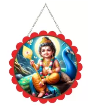 Bala Murugan Wall Hanging Photo Frame | 8 Inch Round Floral Design With Golden Hanging Chain | Decorative Religious Wall Decor For Home, Office, Temple & Pooja Room (F21961)
