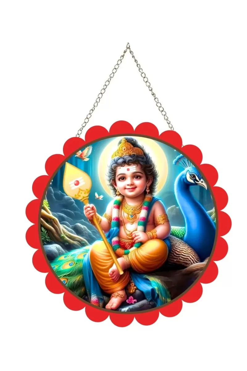 Bala Murugan Wall Hanging Photo Frame | 8 Inch Round Floral Design With Golden Hanging Chain | Decorative Religious Wall Decor For Home, Office, Temple & Pooja Room (F21961)