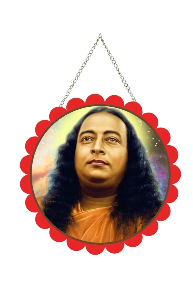 Paramhamsa Yogananda Wall Hanging Photo Frame | 8 Inch Round Floral Design With Golden Hanging Chain | Decorative Religious Wall Decor For Home, Office, Temple & Pooja Room (F21968)