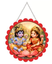 Radha Krishna Wall Hanging Photo Frame | 8 Inch Round Floral Design With Golden Hanging Chain | Decorative Religious Wall Decor For Home, Office, Temple & Pooja Room (F21969)