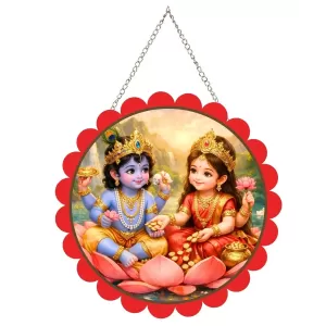 Radha Krishna Wall Hanging Photo Frame | 8 Inch Round Floral Design With Golden Hanging Chain | Decorative Religious Wall Decor For Home, Office, Temple & Pooja Room (F21969)