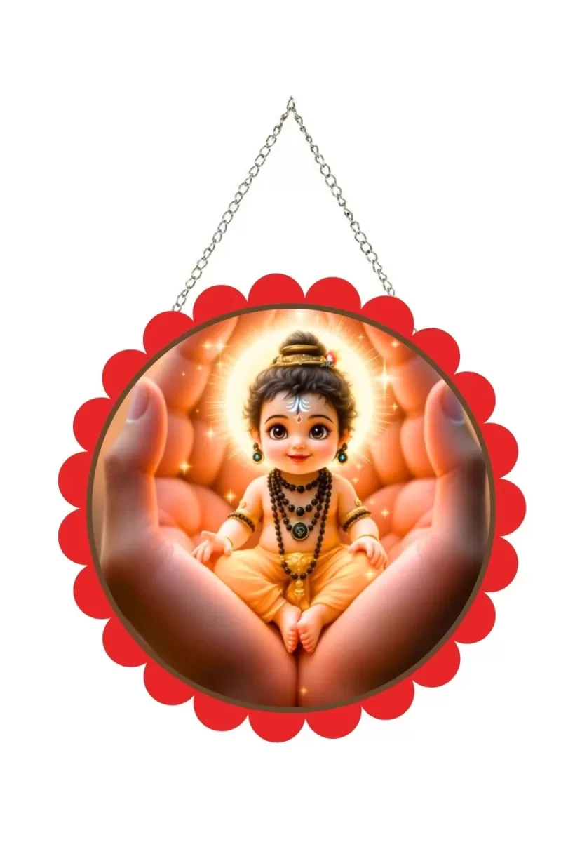 Bal Mahadev Wall Hanging Photo Frame | 8 Inch Round Floral Design With Golden Hanging Chain | Decorative Religious Wall Decor For Home, Office, Temple & Pooja Room (F21971)