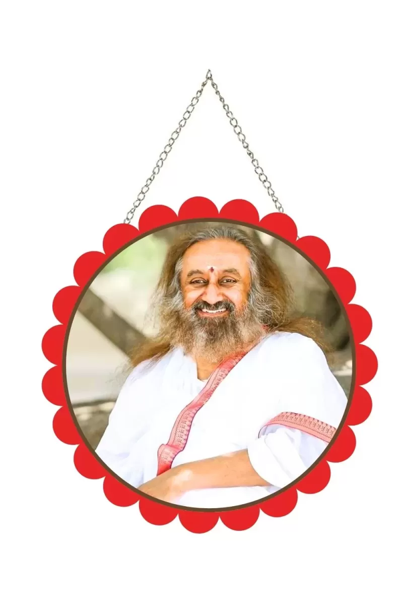 Sri Sri Ravi Shankar Wall Hanging Photo Frame | 8 Inch Round Floral Design With Golden Hanging Chain | Decorative Religious Wall Decor For Home, Office, Temple & Pooja Room (F21996)