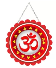 Om Symbol Wall Hanging Photo Frame | 8 Inch Round Floral Design With Golden Hanging Chain | Decorative Religious Wall Decor For Home, Office, Temple & Pooja Room (F22004)