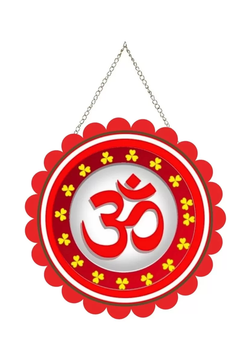 Om Symbol Wall Hanging Photo Frame | 8 Inch Round Floral Design With Golden Hanging Chain | Decorative Religious Wall Decor For Home, Office, Temple & Pooja Room (F22004)