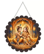 Radha Krishna Wall Hanging Photo Frame | 8 Inch Round Floral Design With Golden Hanging Chain | Decorative Religious Wall Decor For Home, Office, Temple & Pooja Room (F22008)